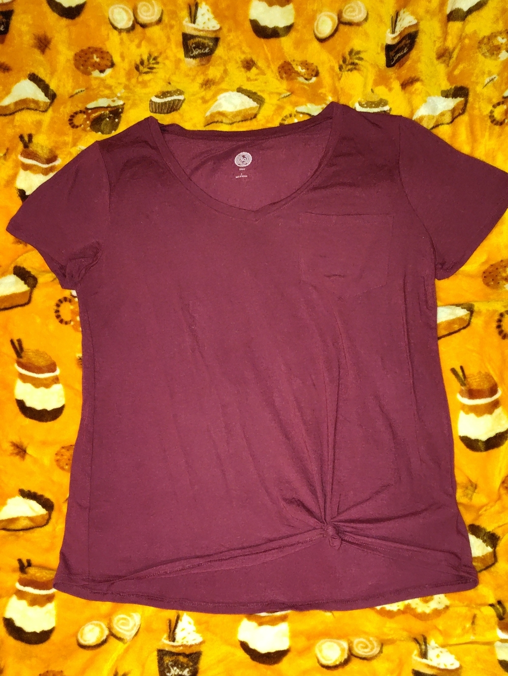 SO Plum Short Sleeve V-Neck Tee with Front Knot
